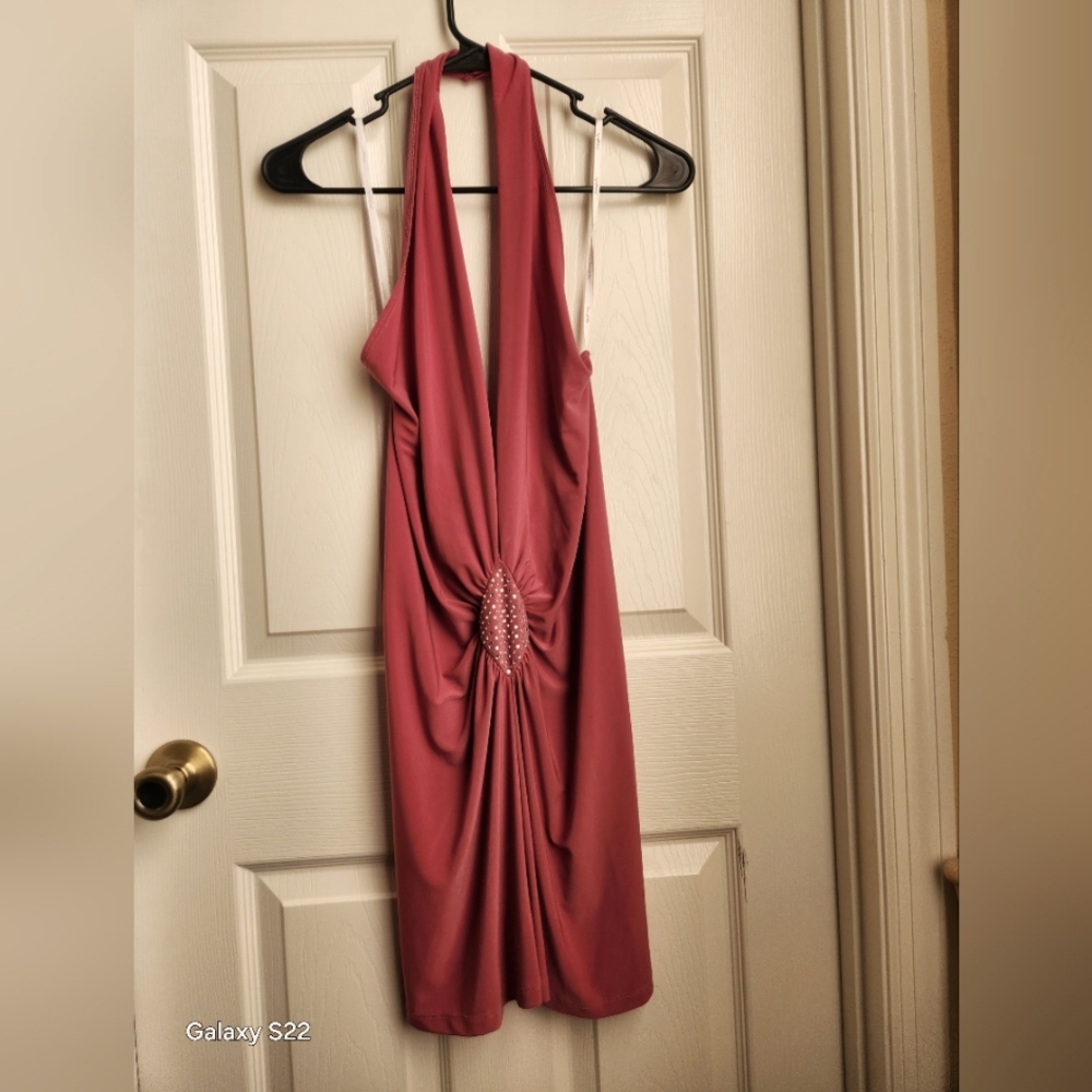 Elegant Pink Backless Halter Dress. 96% Polyester, 4% Spandex.